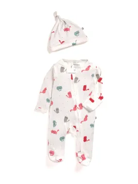 Full sleeve cat patterns in white zipper sleepsuit with cap for baby