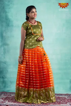 Girls Orange Blue Meadow Pattu Pavadai