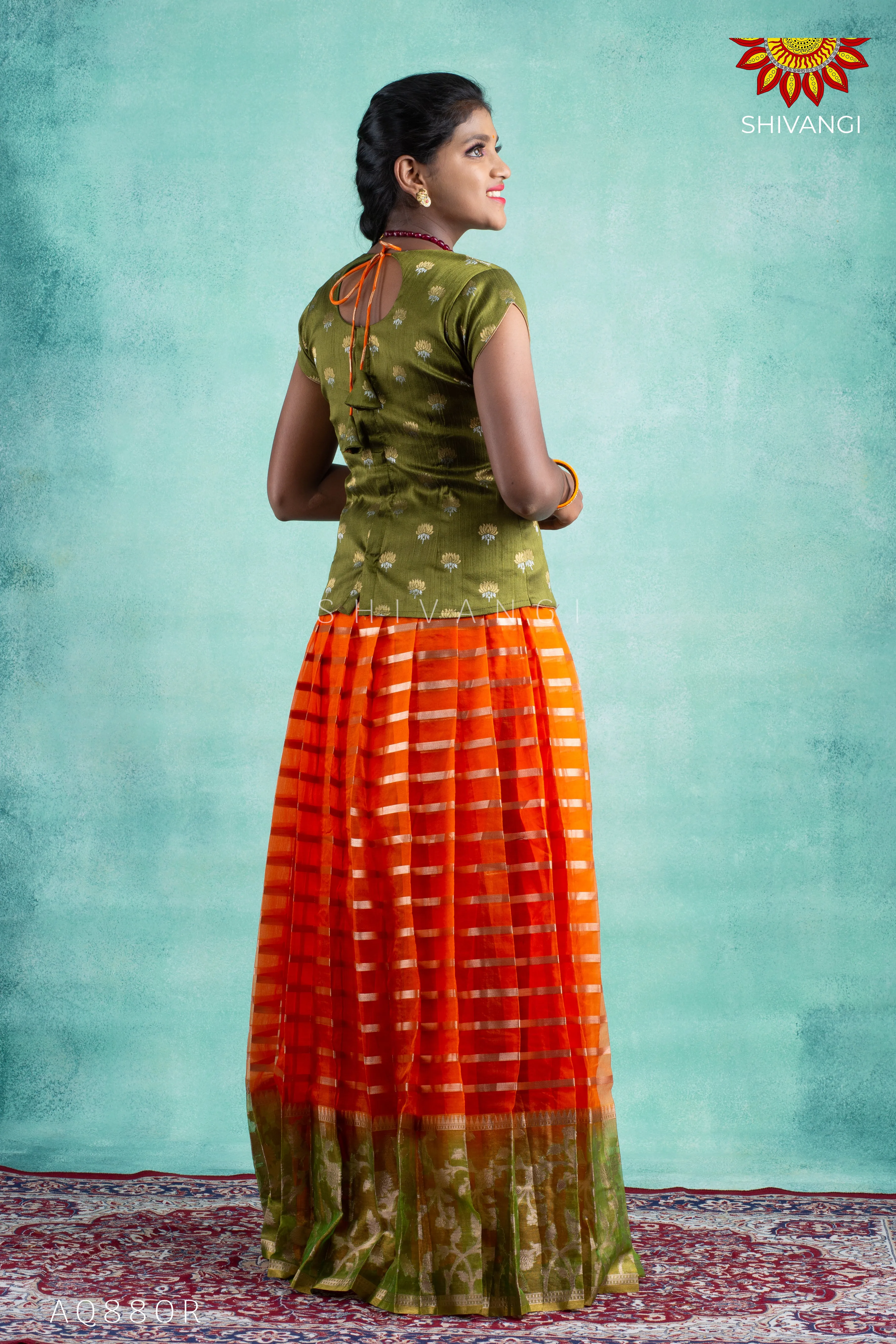 Girls Orange Blue Meadow Pattu Pavadai