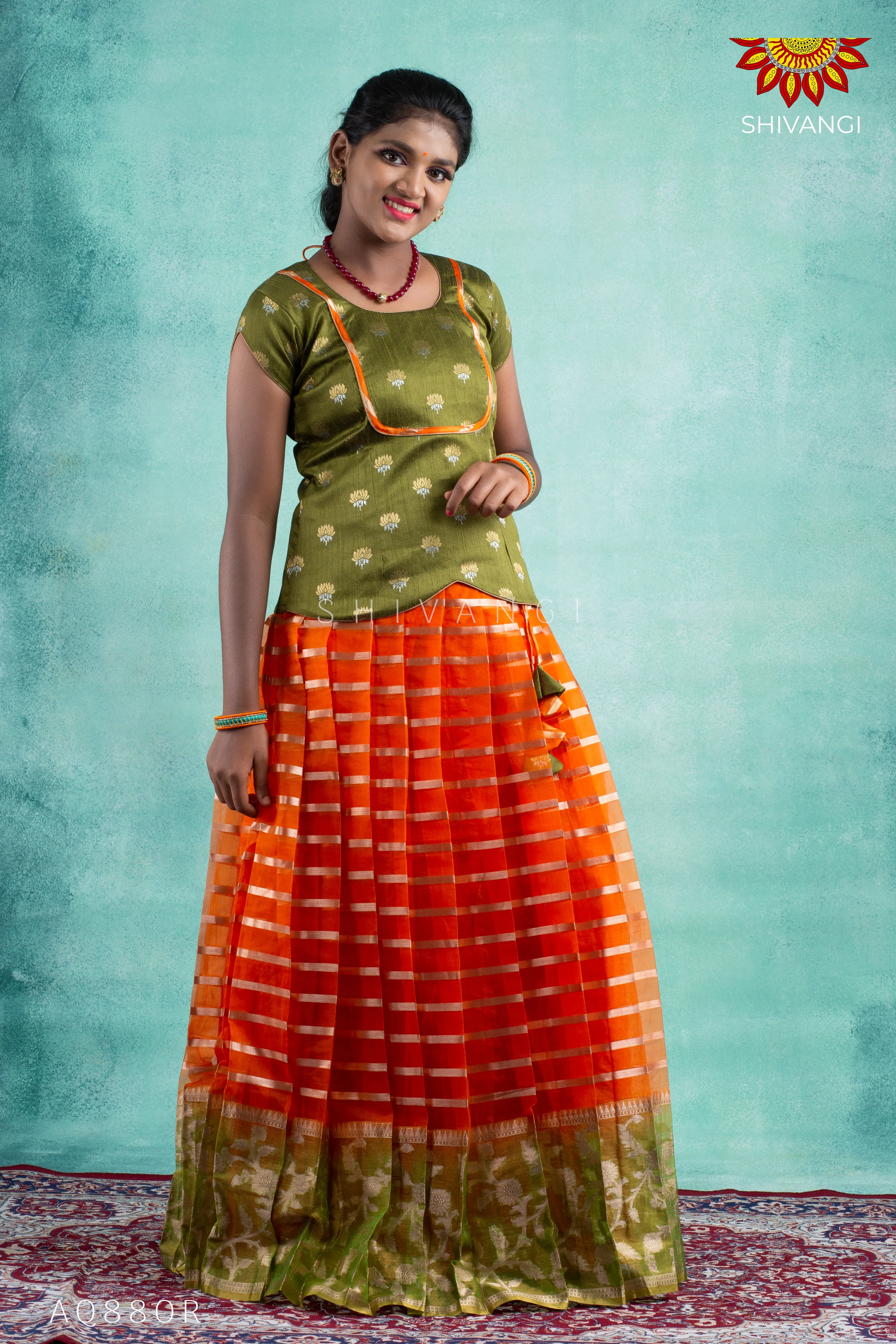 Girls Orange Blue Meadow Pattu Pavadai