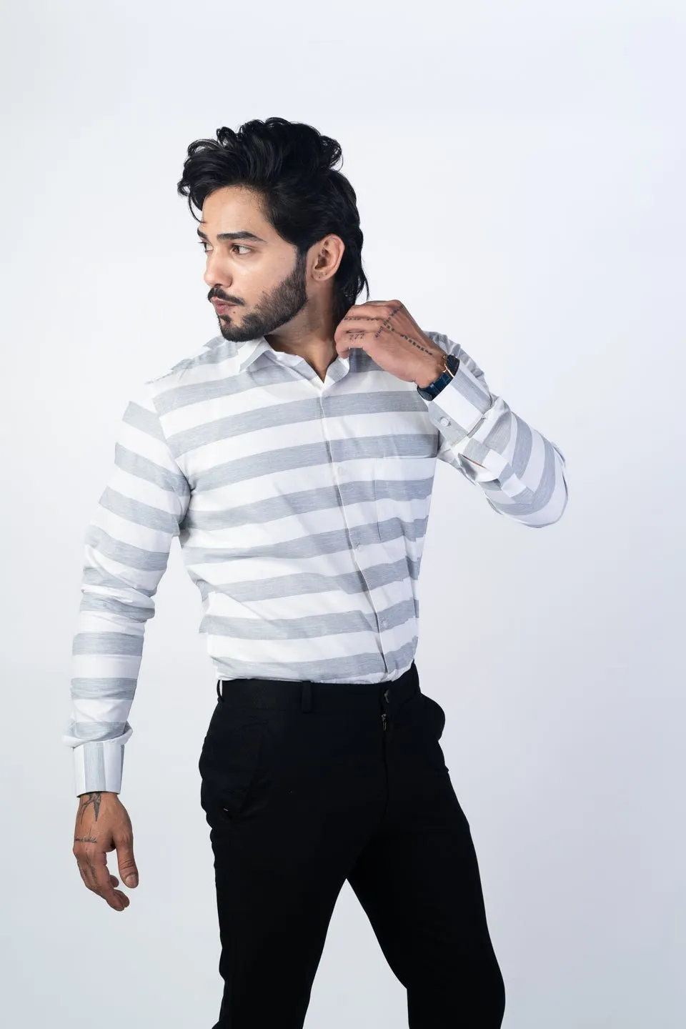 Grey Color Cotton Stripe Shirt For Men