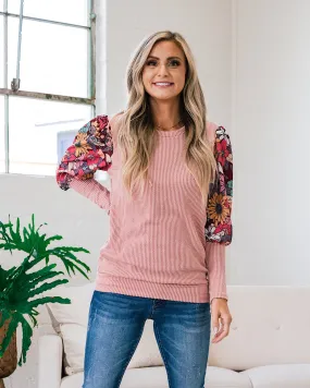 Juliana Mauve Corded Top with Floral Sleeves