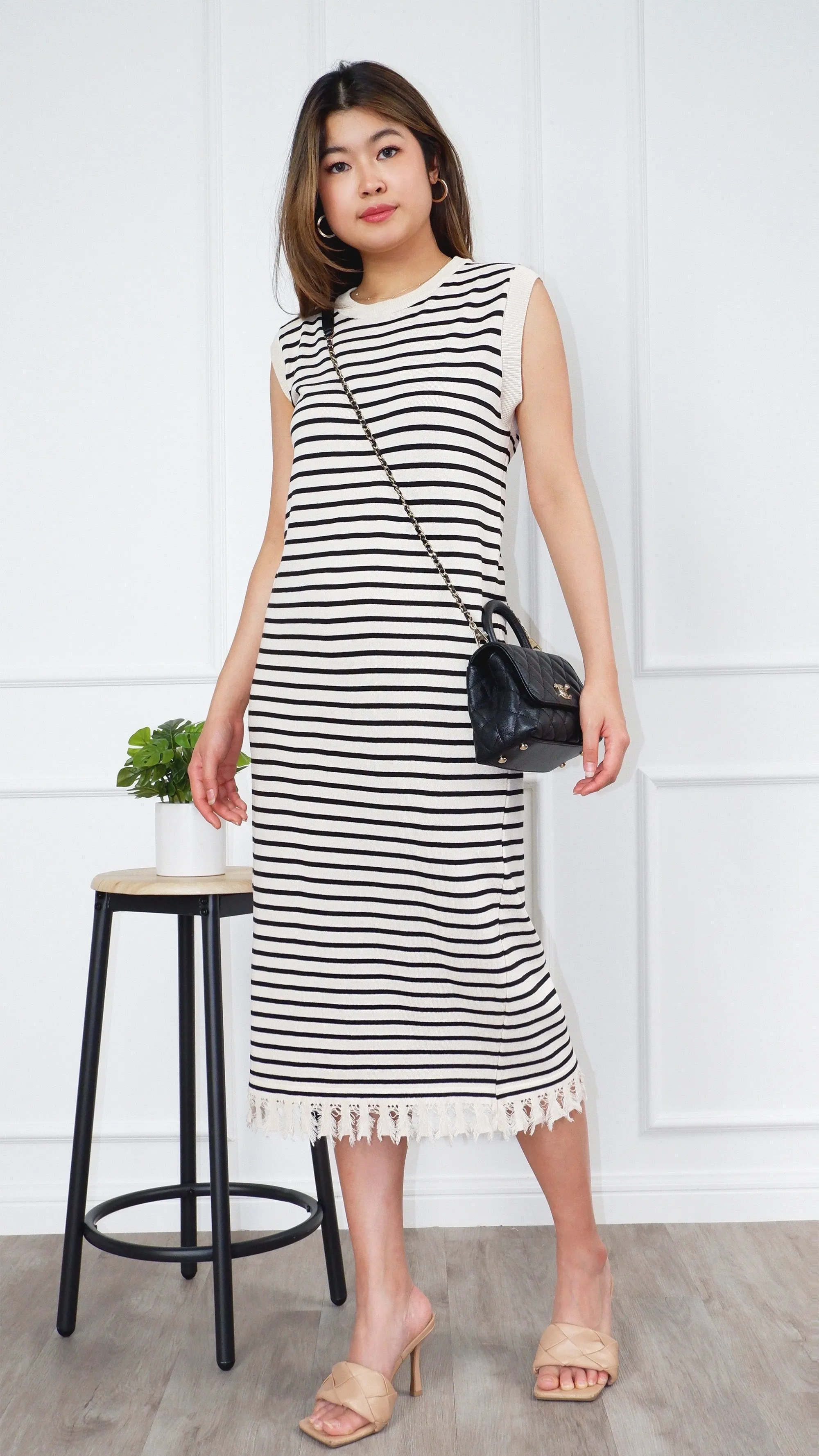 Kara Sleeveless Yarn Knit Midi Dress With Stripes