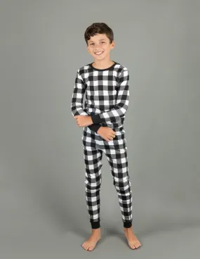 Kids Two Piece Cotton Pajamas Black & White Plaid