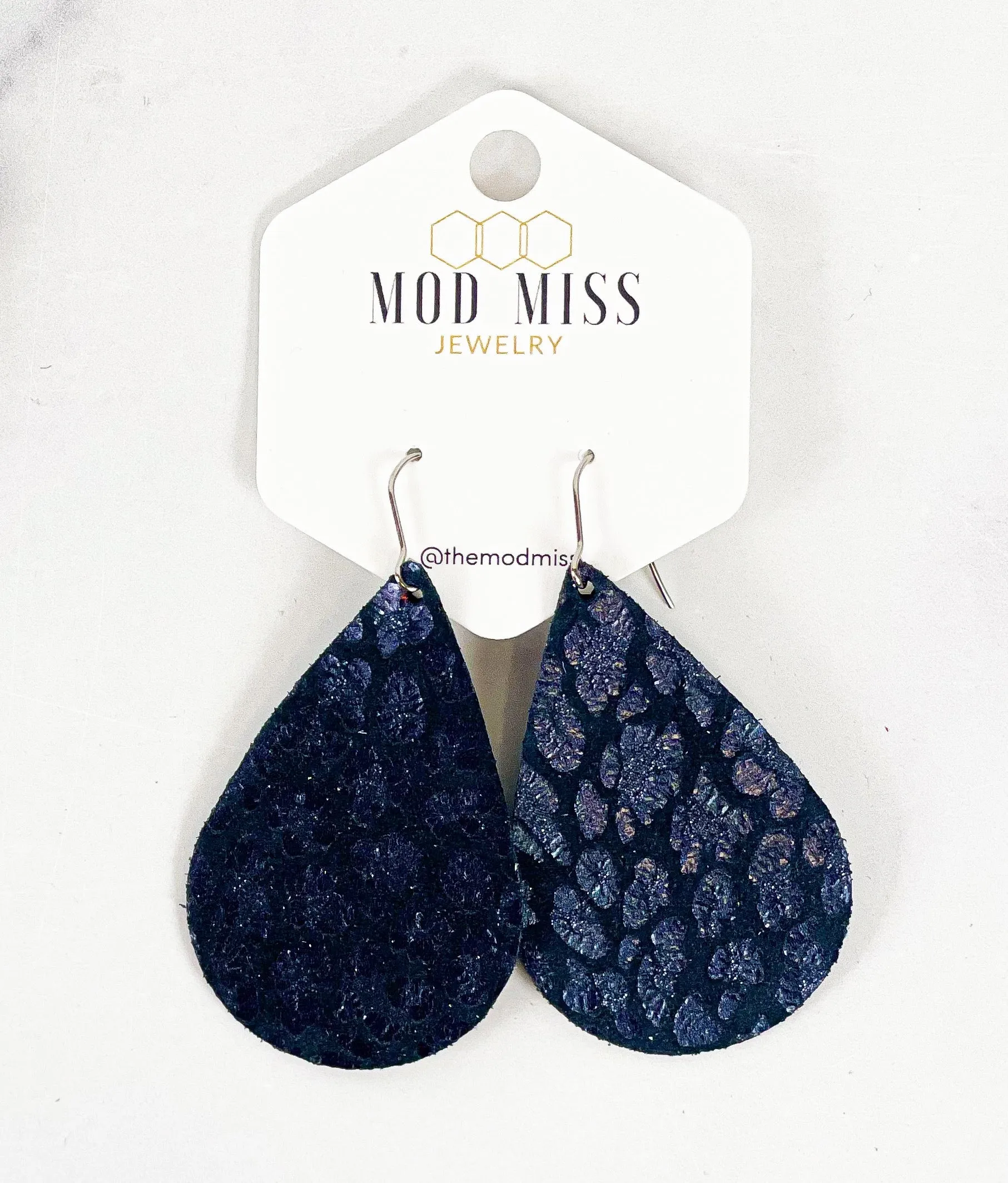 Leather Teardrop Earring Leopard Navy