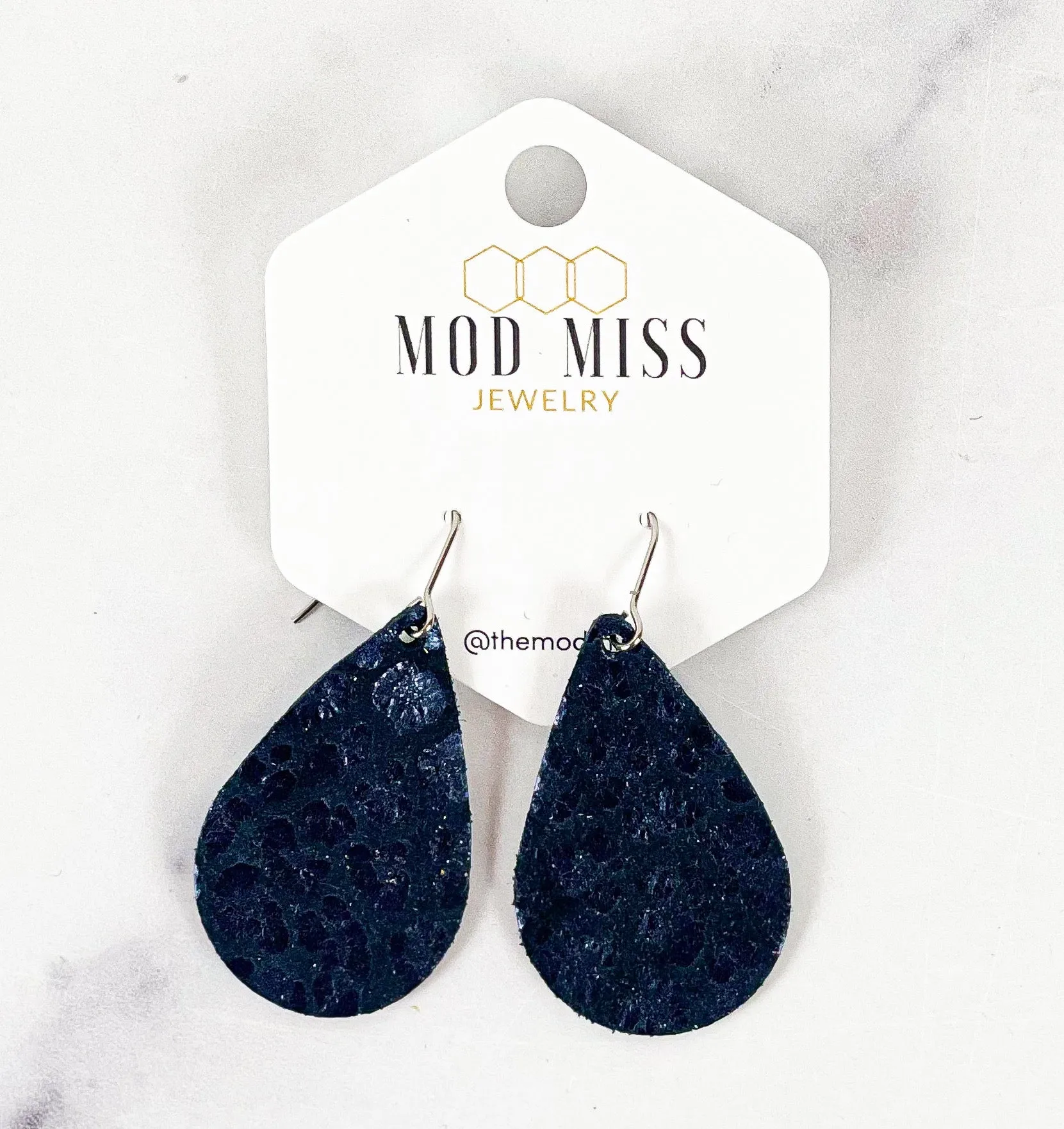 Leather Teardrop Earring Leopard Navy