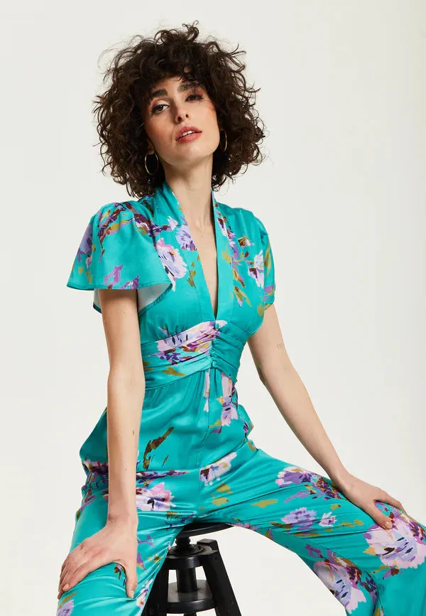 Liquorish Green Floral Jumpsuit With Short Sleeves