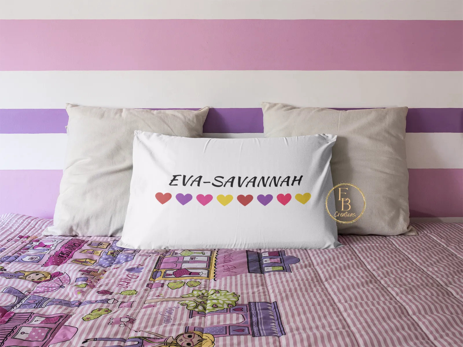 Personalized Pillow Case for kids | Colored rainbow hearts for girls