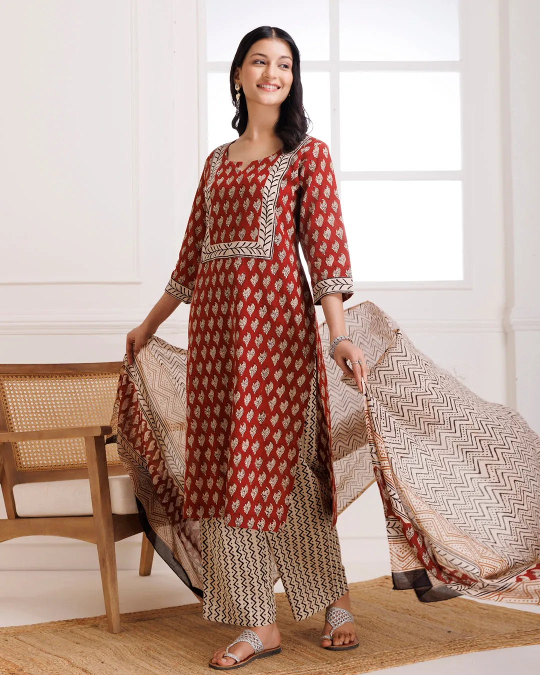 Red Bagru Butti Block Printed Cotton Suit Set