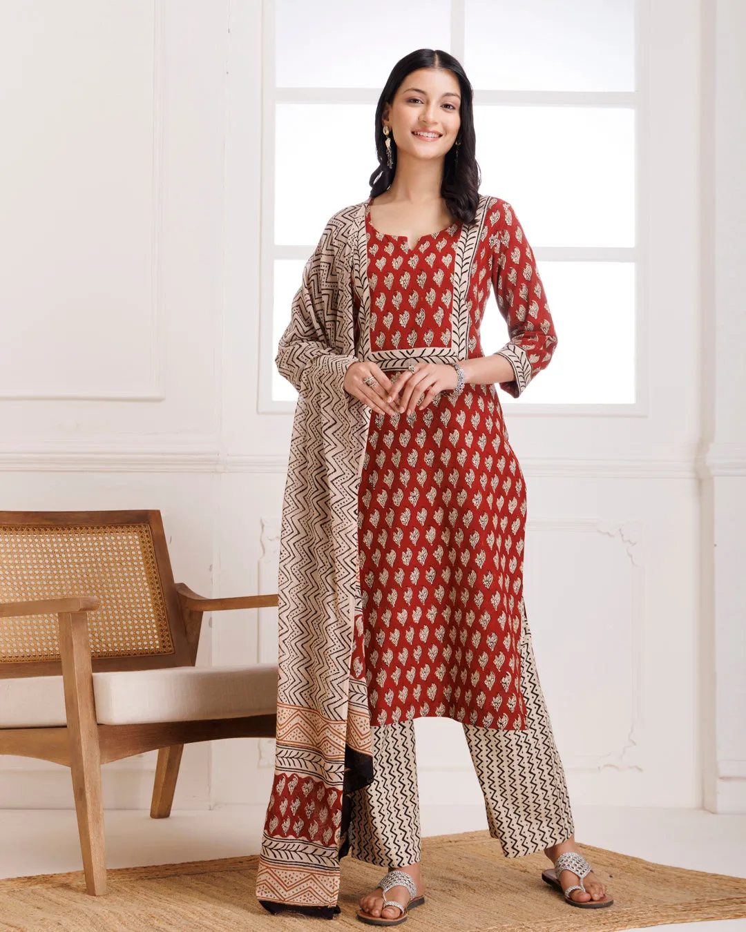 Red Bagru Butti Block Printed Cotton Suit Set