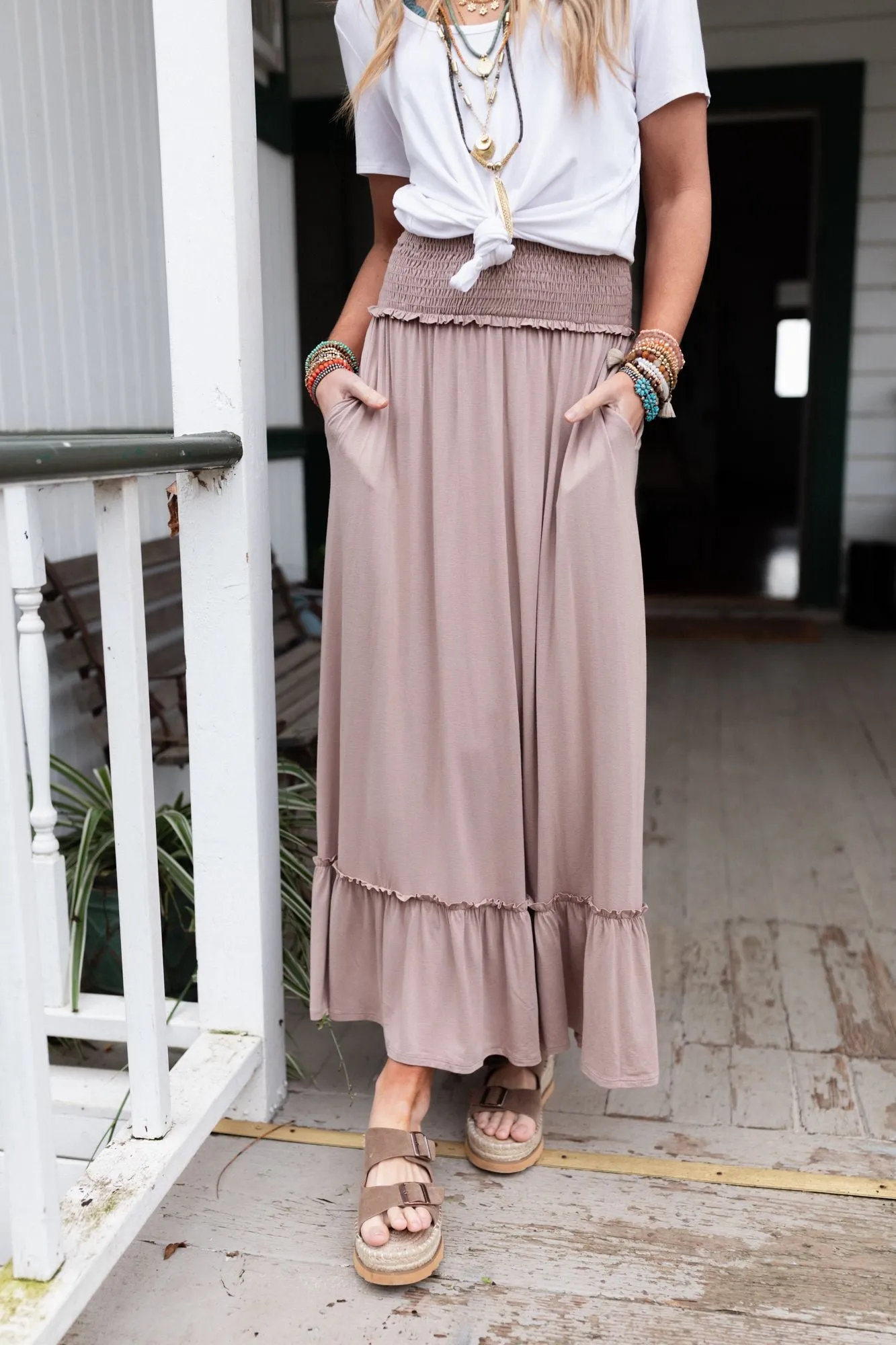 Rustic Romance Smocked Maxi Skirt - Dark Mocha