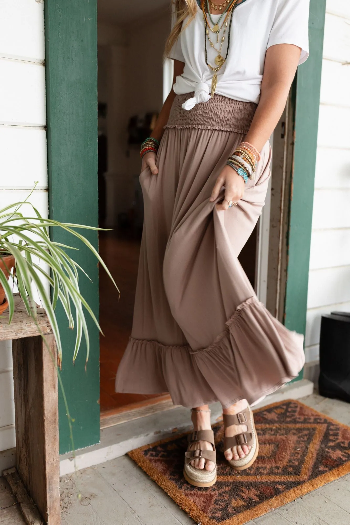 Rustic Romance Smocked Maxi Skirt - Dark Mocha