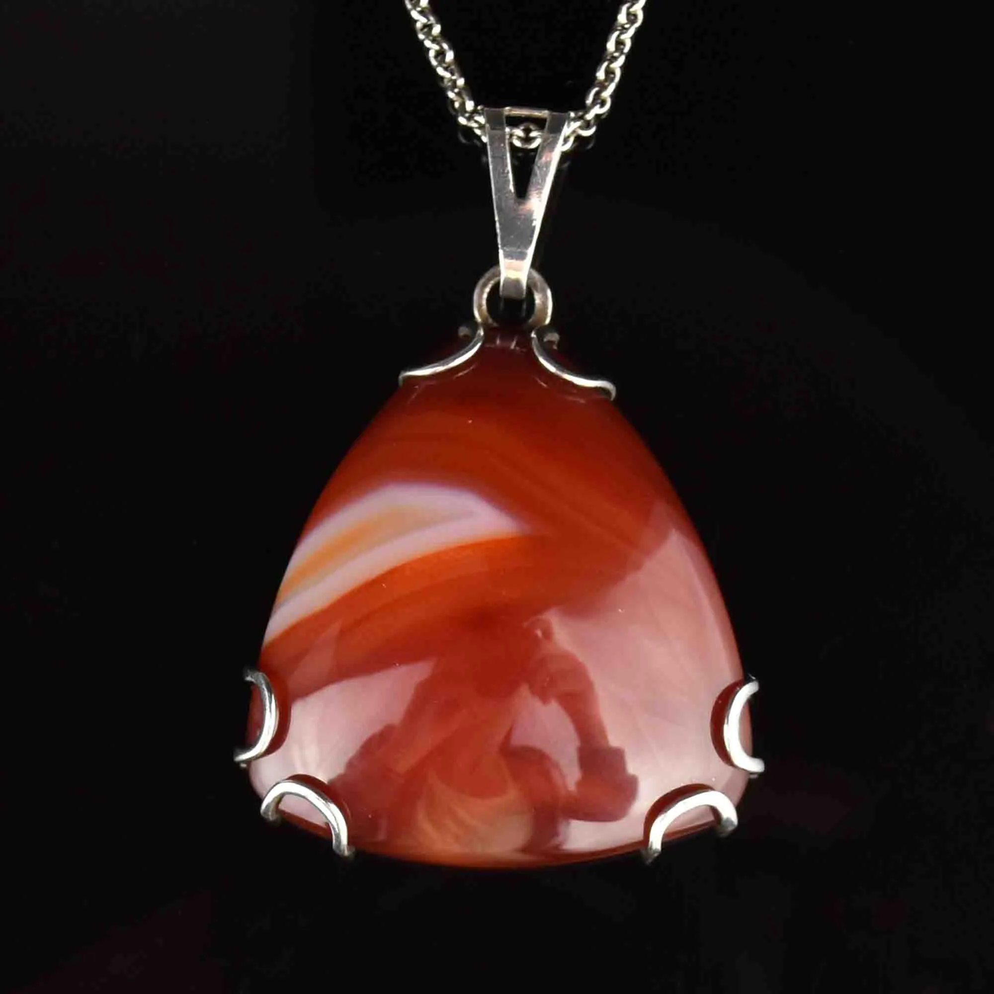 Silver Carnelian Banded Agate Triangle Pendant Necklace