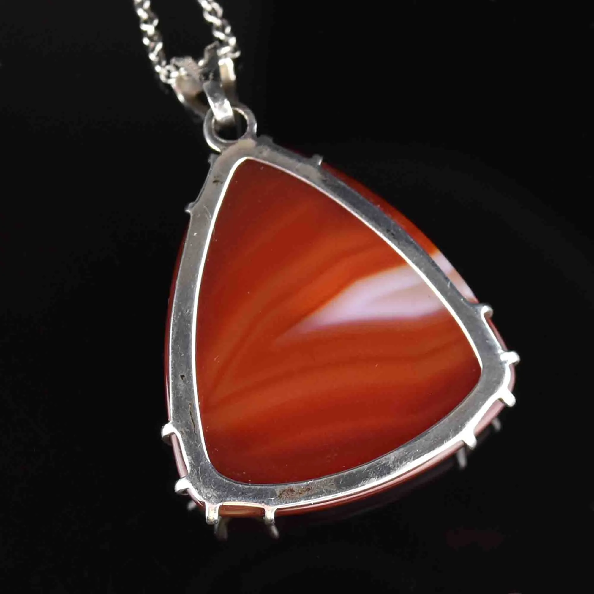 Silver Carnelian Banded Agate Triangle Pendant Necklace