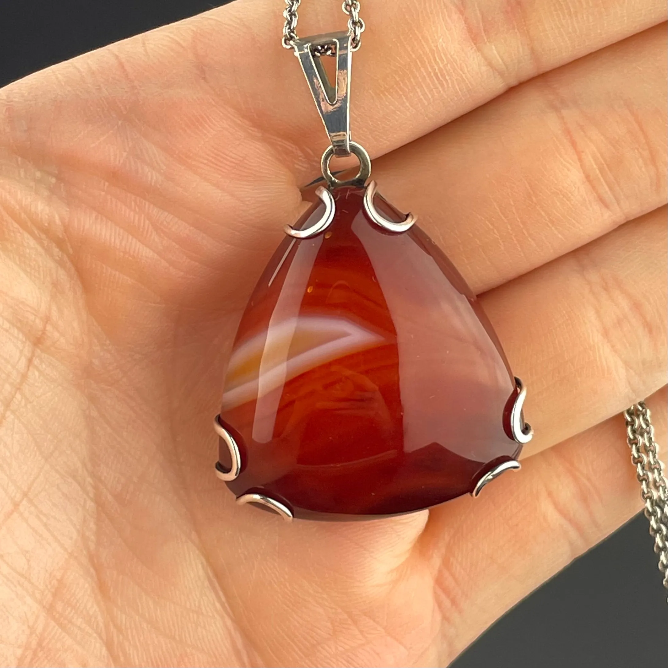 Silver Carnelian Banded Agate Triangle Pendant Necklace