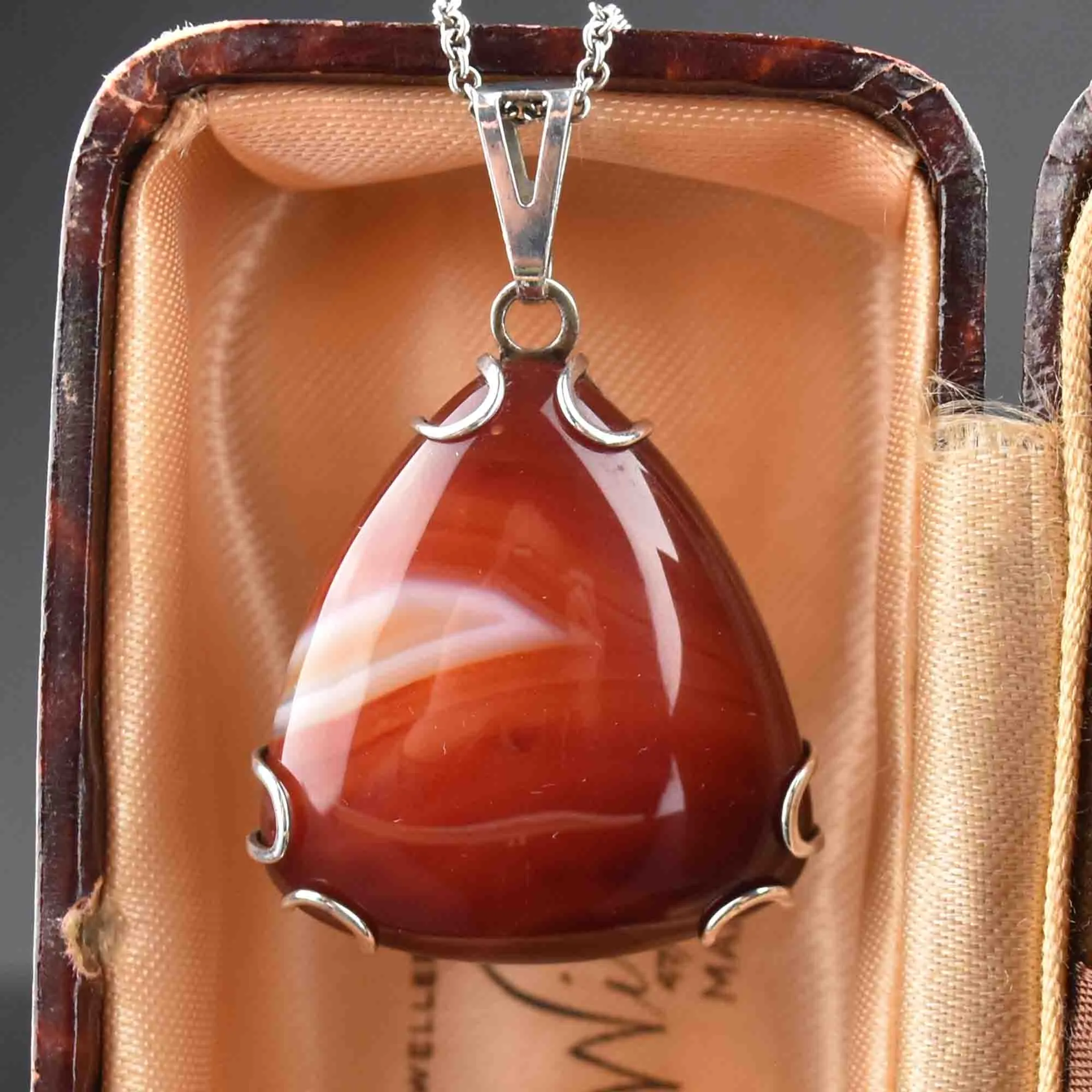 Silver Carnelian Banded Agate Triangle Pendant Necklace