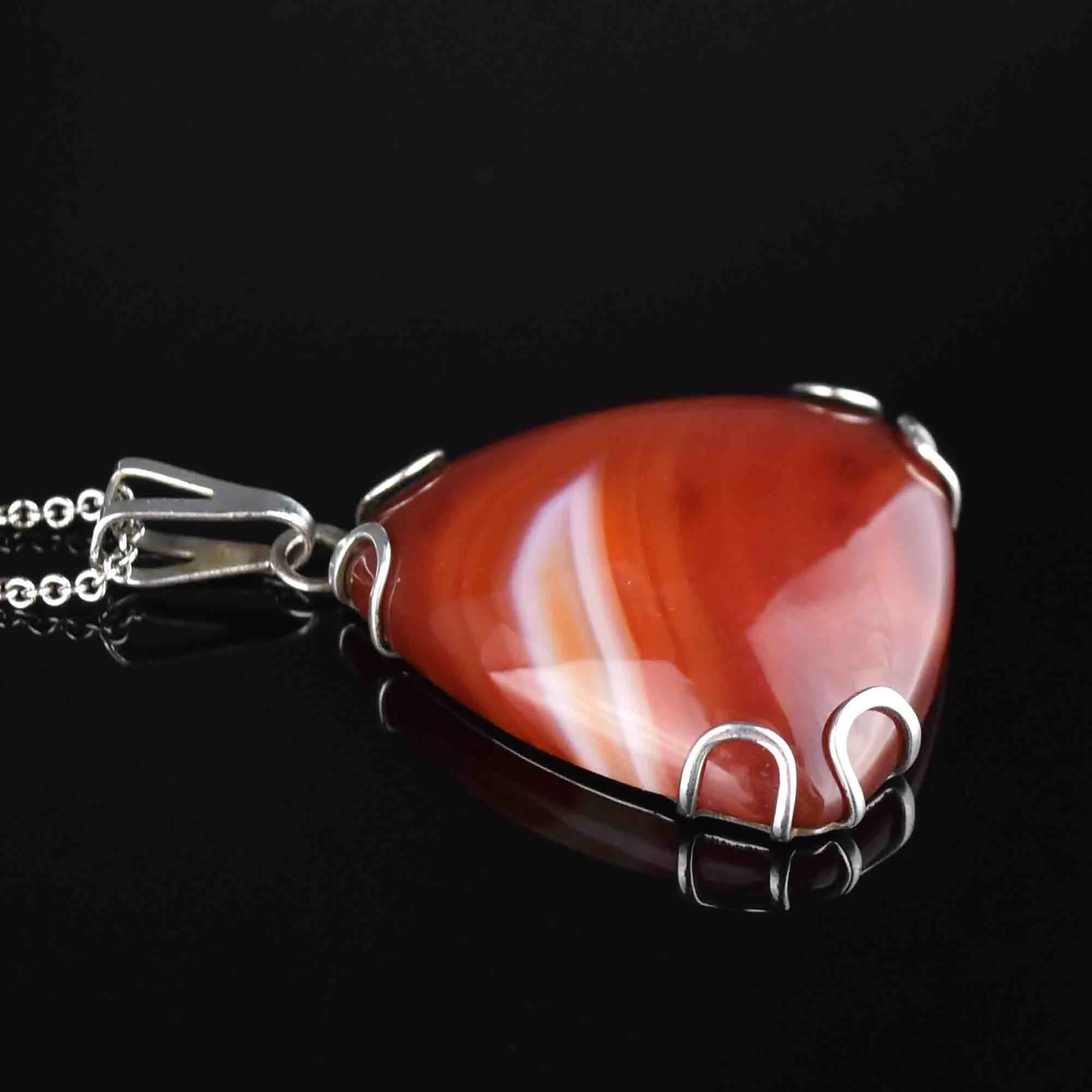 Silver Carnelian Banded Agate Triangle Pendant Necklace