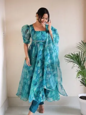 Turquoise Blue Organza Floral Anarkali Suit Set