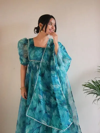 Turquoise Blue Organza Floral Anarkali Suit Set