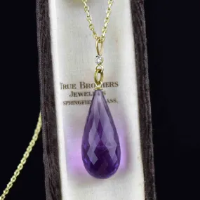 Vintage 9K Gold Diamond Briolette Cut Amethyst Pendant Necklace