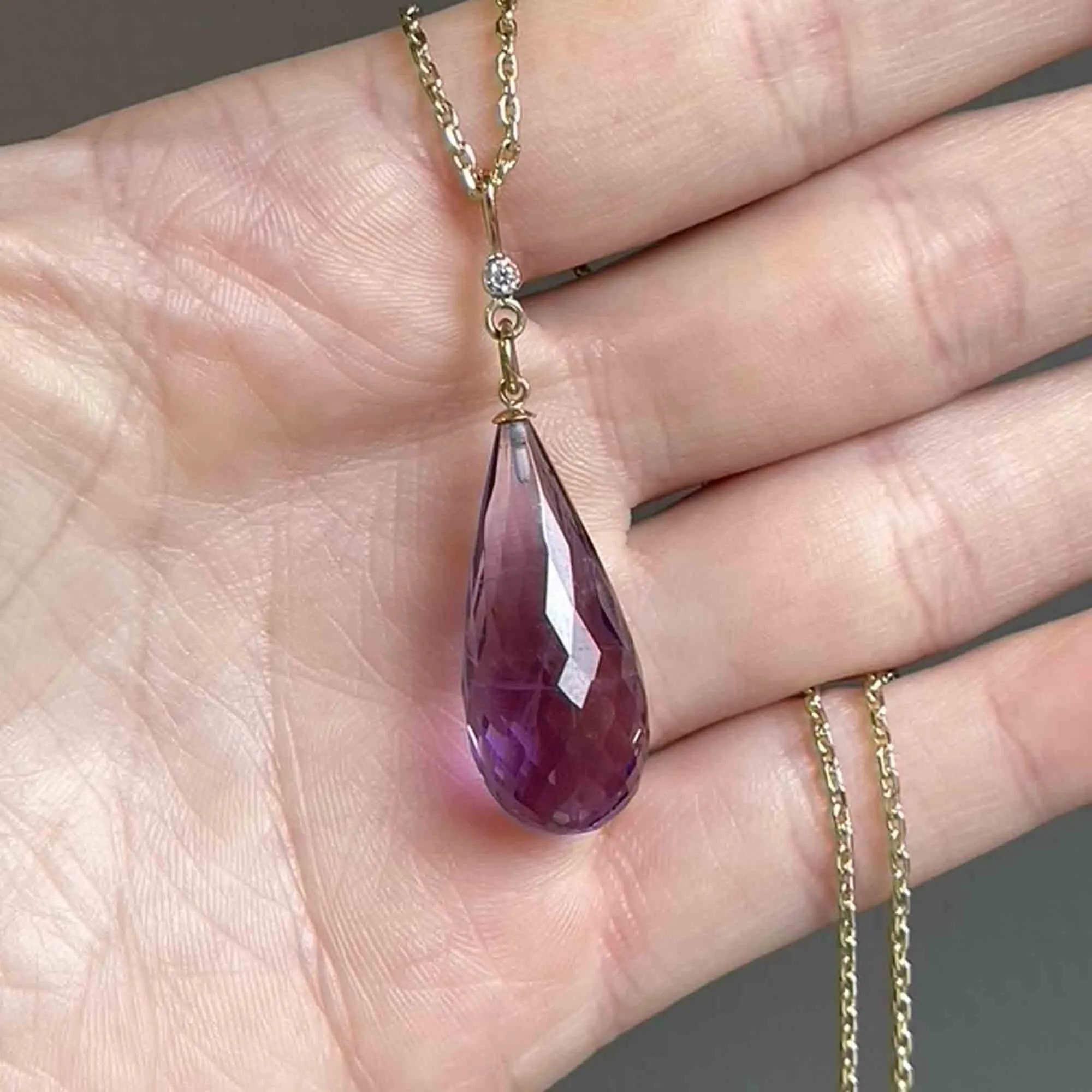 Vintage 9K Gold Diamond Briolette Cut Amethyst Pendant Necklace