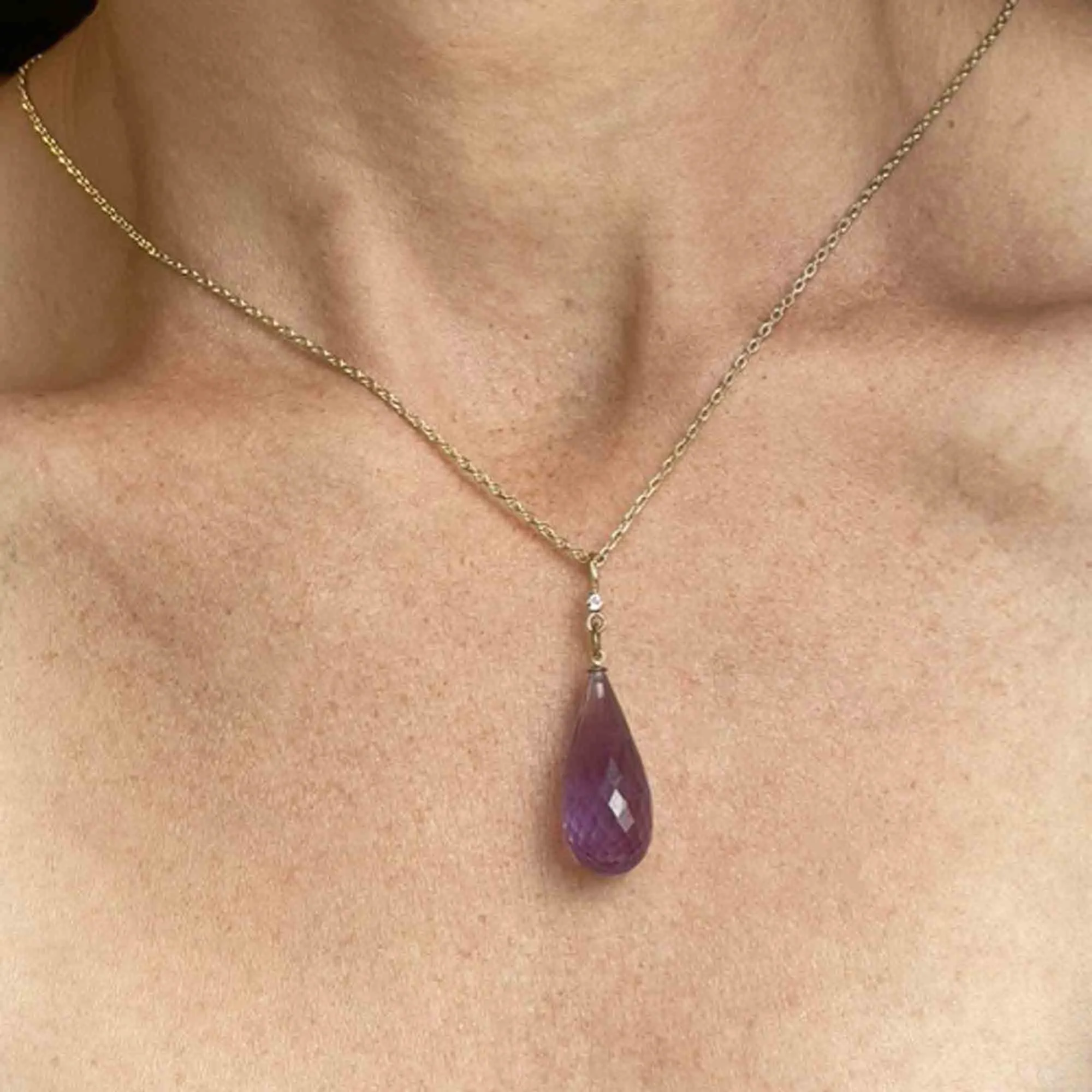 Vintage 9K Gold Diamond Briolette Cut Amethyst Pendant Necklace