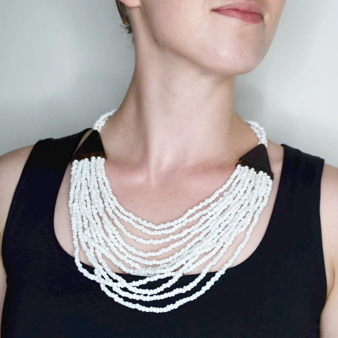 White Beaded Reclaimed Wood Statement Necklace from Namibia